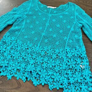 Le Dor Turquoise Floral Crochet Lace Boho Top Medium 100% Cotton Sheer Lace